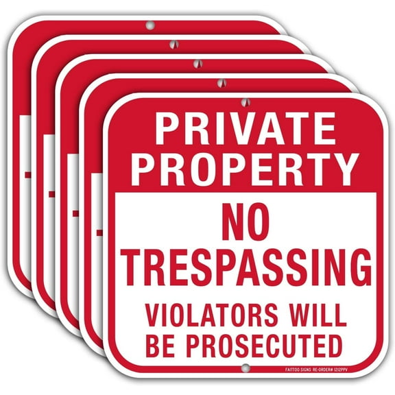 Private Property No Trespassing Sign,（5 Pack ）12 x 12 Inches Square .040 Rust Free Aluminum