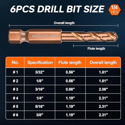 6-Piece Cobalt Stubby Drill Bit Set - Short 1/4" Hex Shank Bits for Metal, Hardened Steel, Wood & Plastic (3/32" to 3/8")