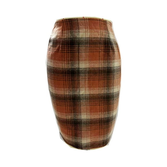 Qwertyu Plaid Skirts for Woman Casual High Elastic Waist Midi Skirts Fall Winter Knee Length Pencil Wool Skirt Long Skirts Saffron L
