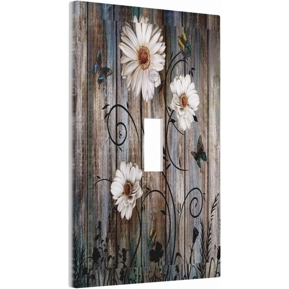 Rustic Plank Texture Floral Butterfly Daisy Single Toggle Wall Plates Country Farm wood Style 1 Gang Light Switch Cover Switchplate Covers Decorative for Bedroom Bathroom Livingroom Decor