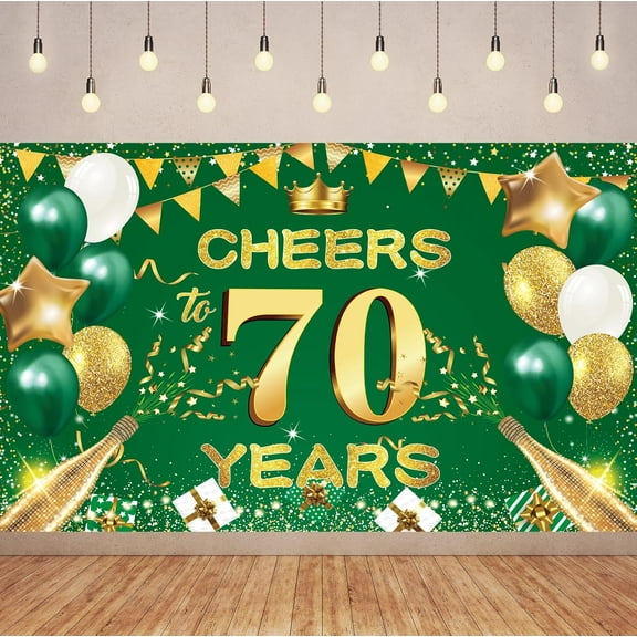 Green Gold Cheers 70TH Years Banner Backdrop, Green Gold Happy 70th Birthday Decorations for Women Men Her Him Anniversary Photography Party Supplies