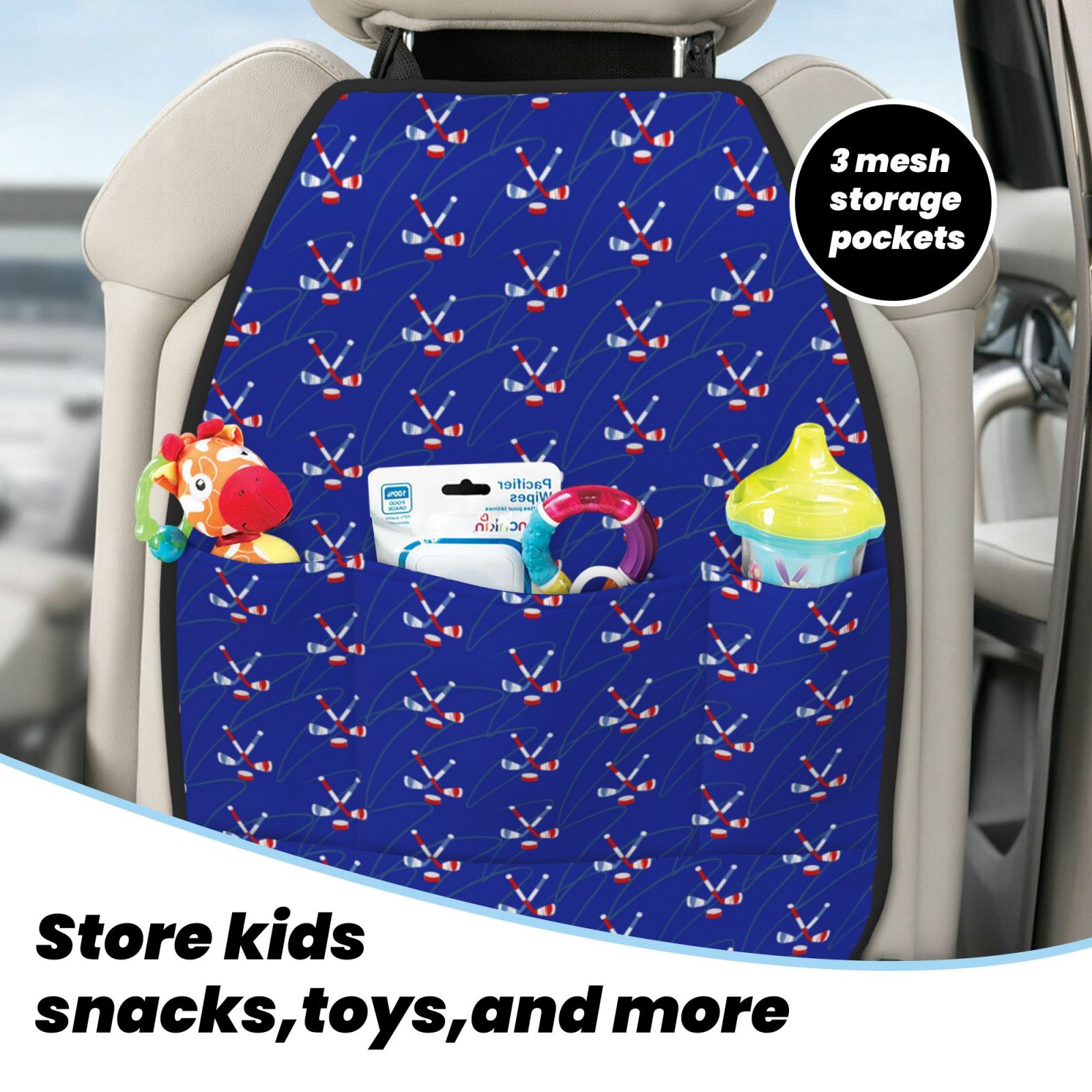 Xecao Hockey Pattern Car Seat Back Protector 2 Pack Large Capacity Pocket, Kick Mats Back Seat Protector