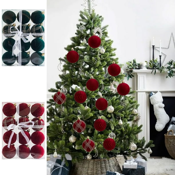 Adornos de baile navideños de terciopelo flocado de 6 cm Decoraciones colgantes multicolores | Decoración de chimenea con árbol de ventana | Esferas de peluche decorativas | Pack de 12 | Navidad