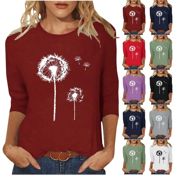 CYMMPU 3/4 Sleeve Blouses for Women Dressy Casual Crew Neck Spring Tops Loose Fit Floral Pattern Tunic Tops Fall Fashion Shirts Lightweight Basic T-Shirts XXL