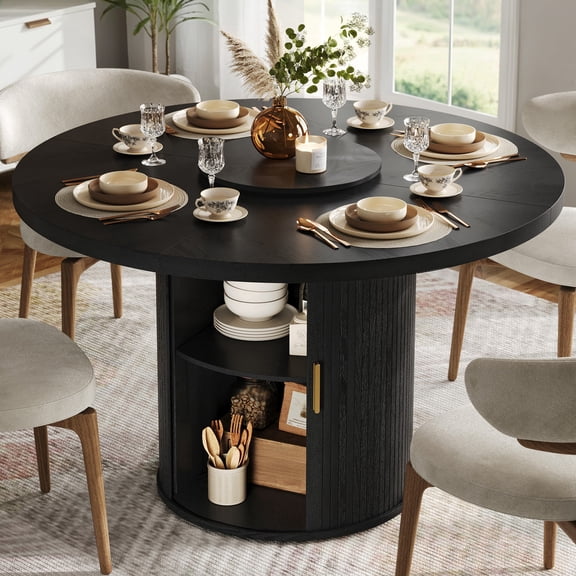 CHIC HOUSE 47" Round Dining Table with Storage Shelf, Farmhouse Fluted Kitchen Table with Removable Lazy Susan & Sliding Doors for Dining Room, Black