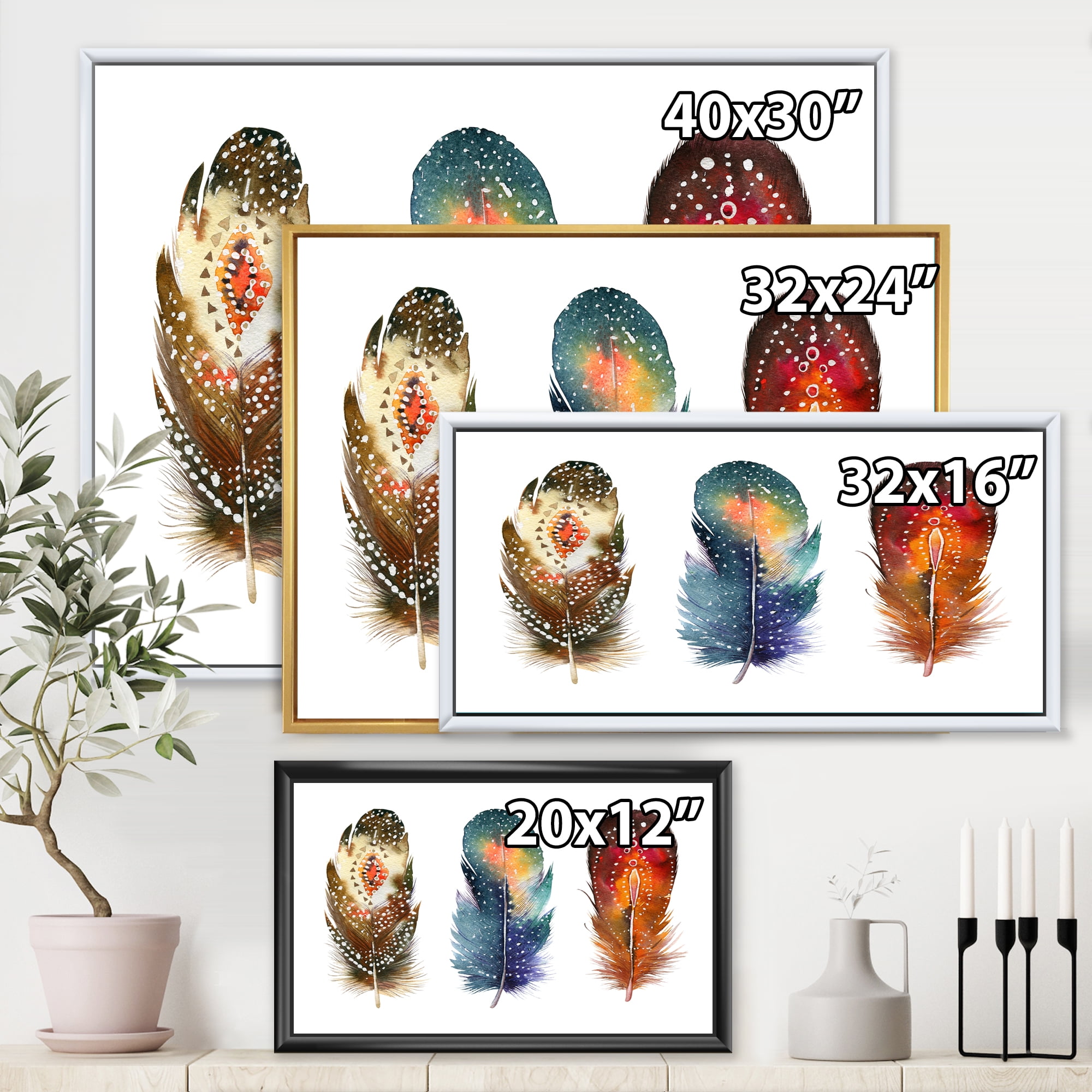Designart 'Colourful Boho Art Feather Set IX' Bohemian & Eclectic Framed Canvas Wall Art Print
