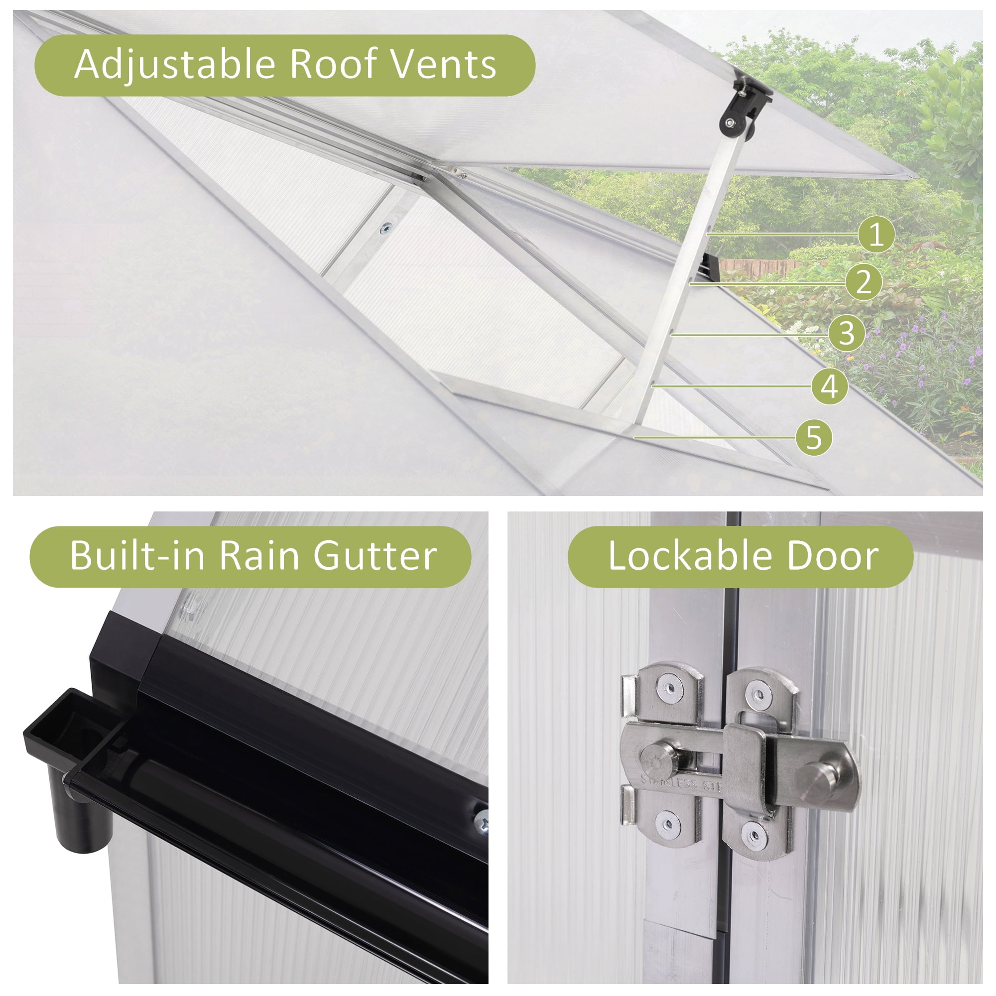 Jaxpety 6'x 8' Walk-in Polycarbonate Greenhouse with Aluminum Frame Lockable Doors Opening Windown, Outdoor Greenhouse,Silver