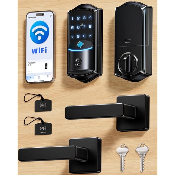 Veise VE027-L Built-in WiFi Smart Lock with Handles, Fingerprint keyless Entry Door Lock Set, App Remote & Voice Control, Electronic Deadbolt for Front Door, Touchscreen Keypad, Matte Black