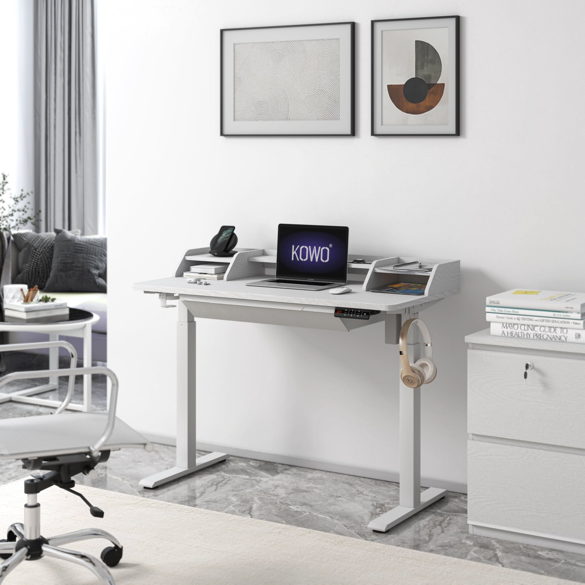 KOWO 55" K304 Electric Height Adjustable Standing Desk with Hutch and Drawer, White