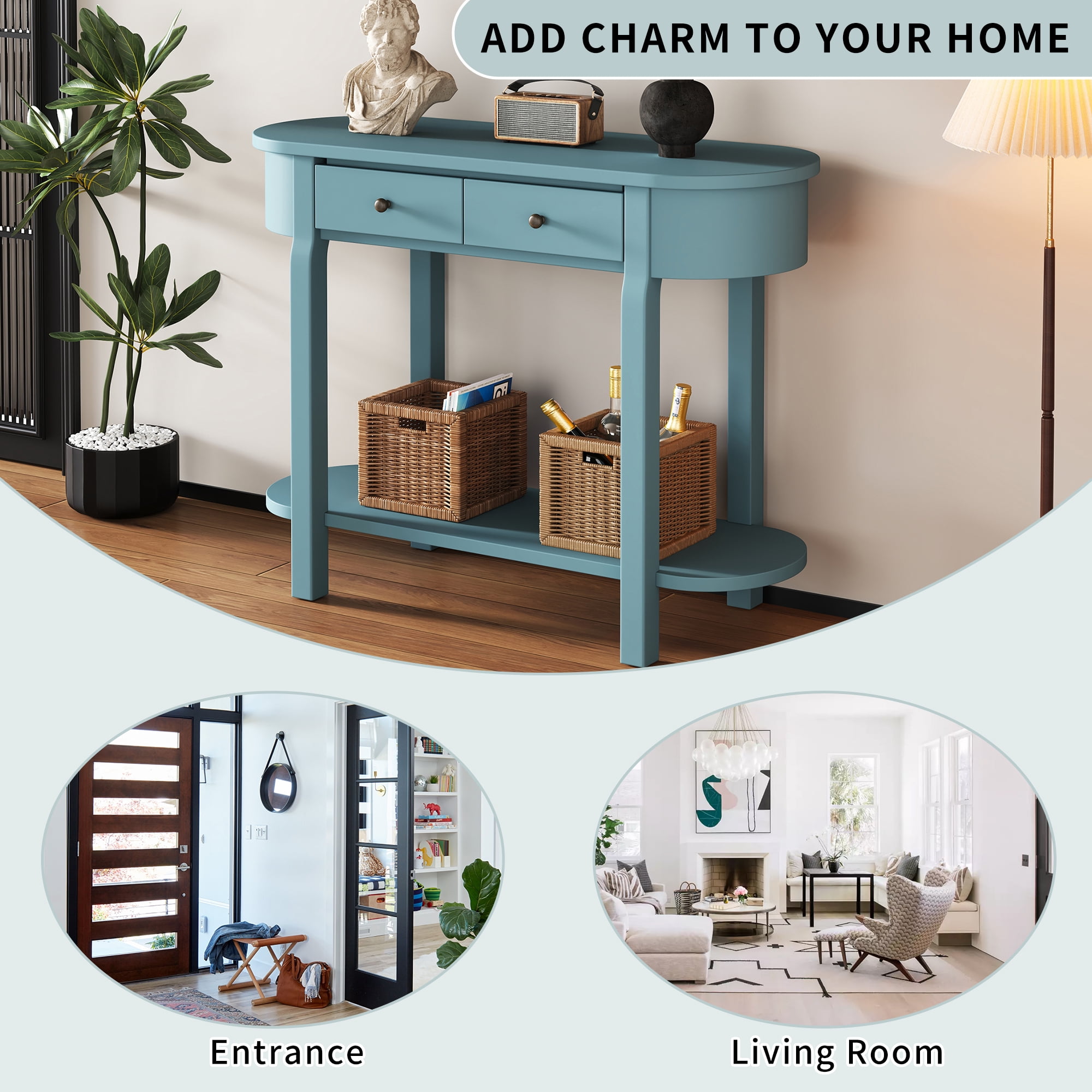 EUROCO 40" Narrow Console Table,Retro Entryway Table with Open Storage Shelf, 2 Drawers and Corner-Curved Design,Sofa Table Behind Couch for Entryway, Hallway and Living Room,Green