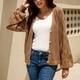 thumbnail image 4 of Suéter de punto para mujer, cuello en V, ahueca hacia fuera, moda, manga larga, abrigo de punto con botones, color caqui S, 4 of 6