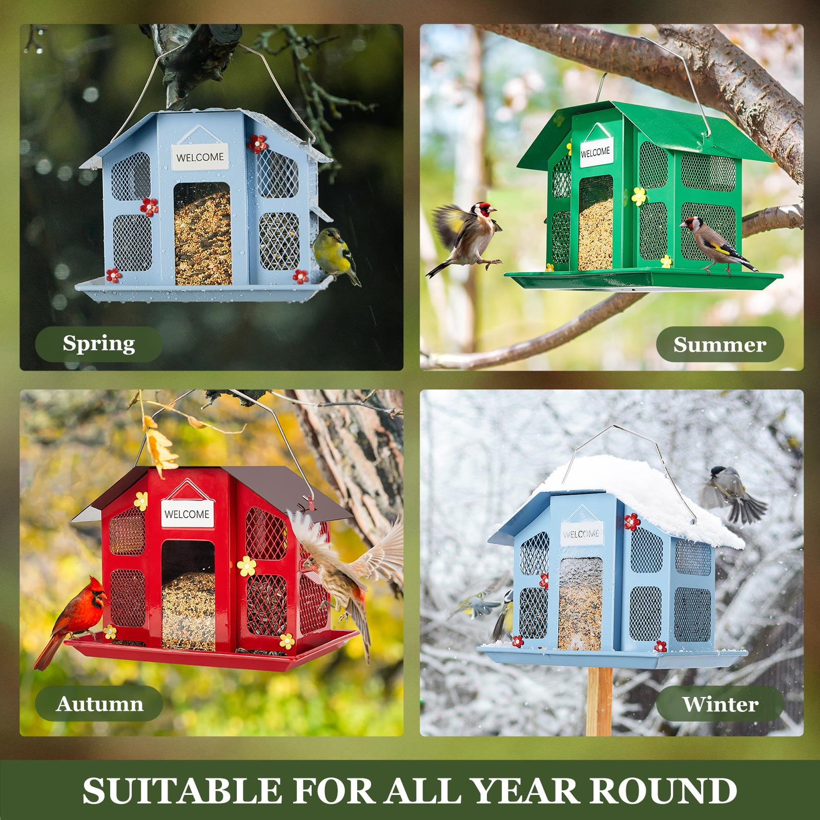 Kingsyard Metal Wild Bird Feeder House for Outdoor Hanging with Triple Feeders, Weatherproof, Purple