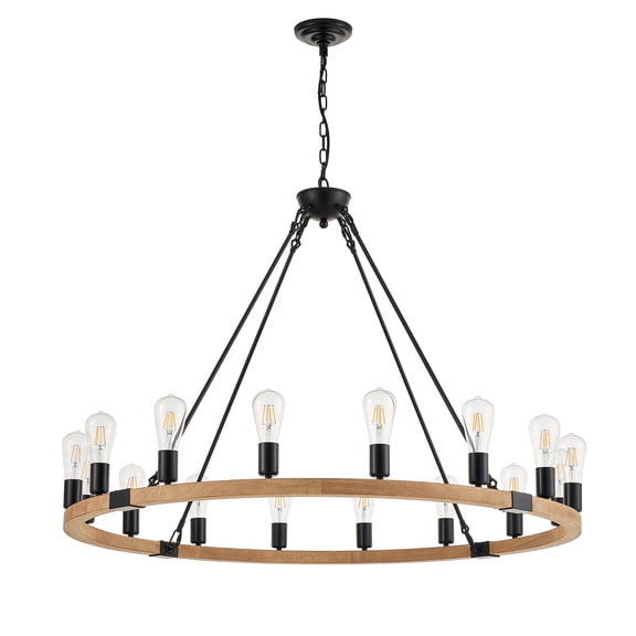 Wozzio Farmhouse Chandelier 16-Light Wood Wagon Wheel Chandelier for Dinning Room, Kitchen Island, Foyer with No Bulbs Included