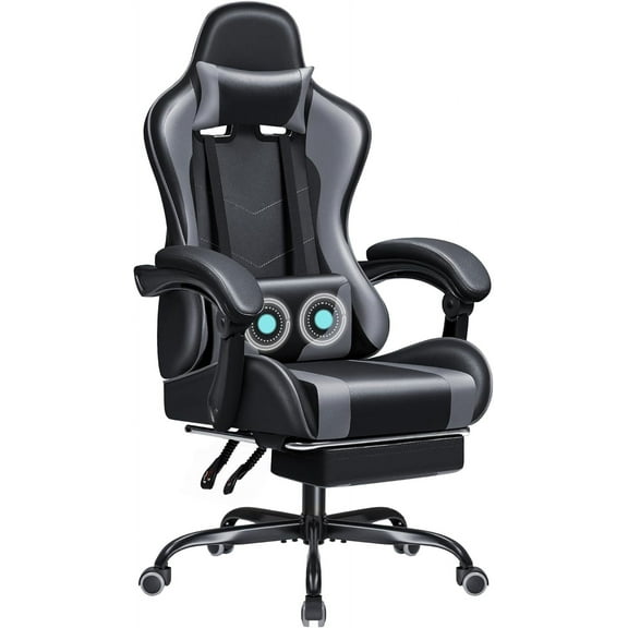 JUMMICO Gaming Chair Ergonomic Computer Chair with Footrest and Massage Lumbar Support, Height Adjustable Video Gaming Chair with 360° Swivel Seat and Headrest (Grey)