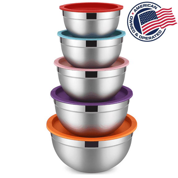 TRBCREATION Mixing Bowls with Lids, Set of 5 Stainless Steel Nesting Bowls (0.7–4.5 QT), for Baking, Cooking, Salad Prep & Food Storage