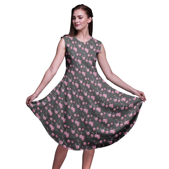 Bimba Robe d'Été Droite Sans Manches pour Femmes à Imprimé Feuilles Grises et Renoncules, Longueur Genou - Grand