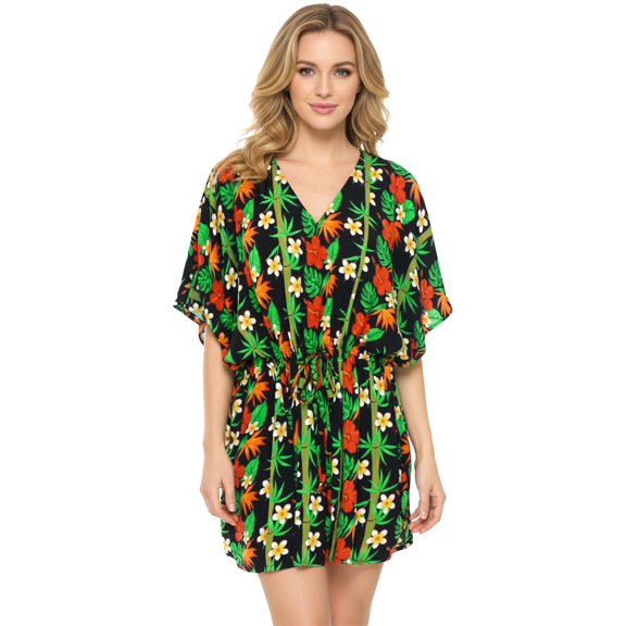 HAPPY BAY Women's Beachwear Summer Swim Beach Dress Cover ups for Swimwear Women Plus Size Casual Swimsuit Coverups for Women 3X-4X Coal, Floral Hibiscus Bamboo Tree