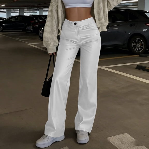 Womens Casual Faux Leather Wide-Leg Pants Solid Color Button Zipper Elastic Waist Side Pockets Stretchy Relaxed Fit Daily Office Weekend Fall Winter Fashion Ladies Wear White S
