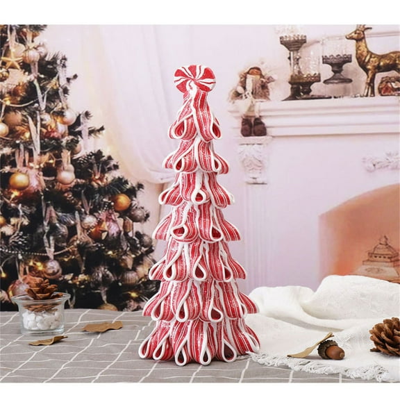 Christmas Candy Tree Tabletop Decoration – Red & White Peppermint Swirl with Glossy Finish, Festive Holiday Accent for Mantel, Shelf, or Table – Classic Vintage Christmas Decor