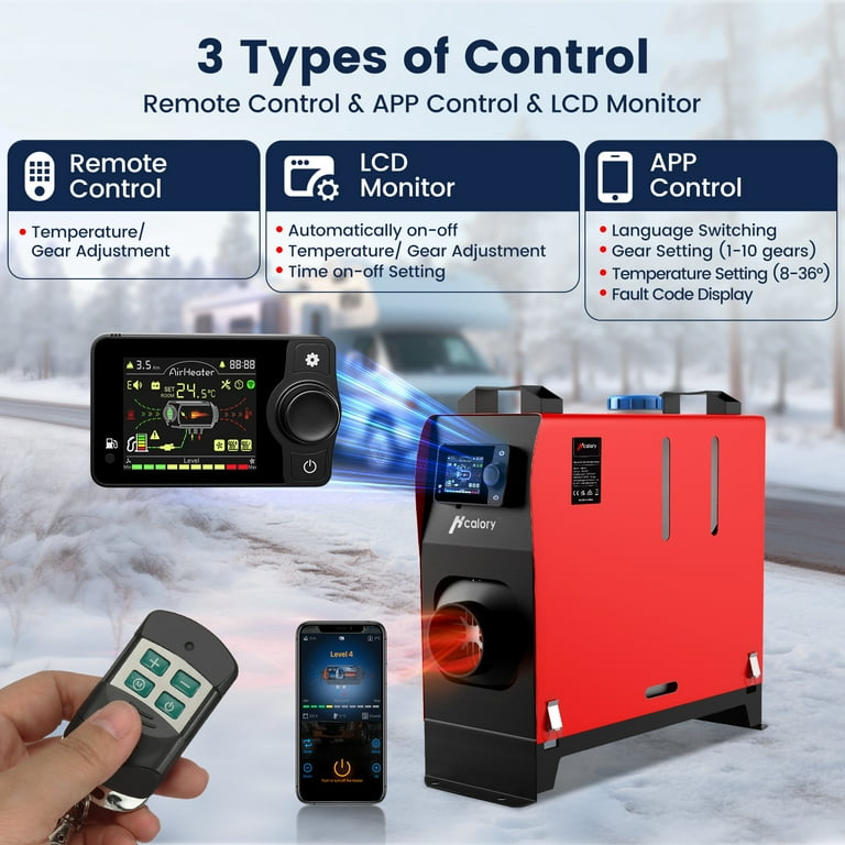 HCALORY Diesel Air Heater, 12V 24V 5KW-8KW All in One Parking Heater with  Bluetooth APP Control & Smart Knob LCD Screen & Automatic Start-Stop for  Car