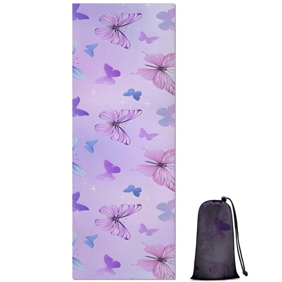 Purple Butterfly Pattern Hot Yoga Mat Towel Non Slip for Hot Yoga - Quick-Drying Yoga Mat Cover with 4 Corner Pockets with Travel Bag - Hot Yoga Towel Non Slip Grip Moisture Wicking Sweat 70"x26"