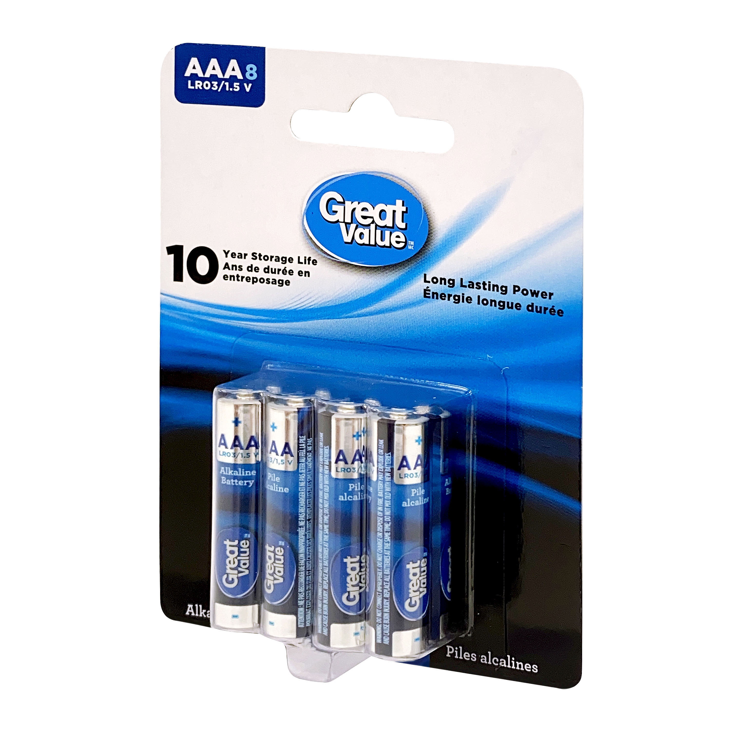 Great Value AAA LRO3/1.5 V Alkaline Batteries 8-Pack, 10-year storage life, Long lasting power guarantee