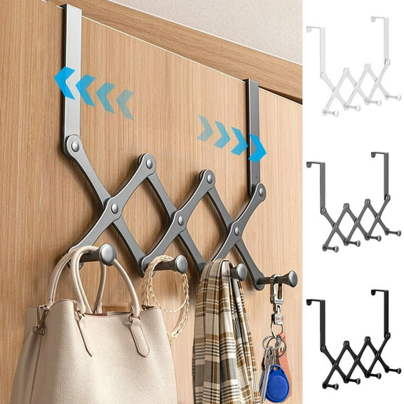 Vacemry Under $5 Adjustable Door Hanger Hook, Retractable Behind Door Organizer, Multi Hook Wall Mount Storage, Space Saving Clothing Accessory Rack, No Installation Required