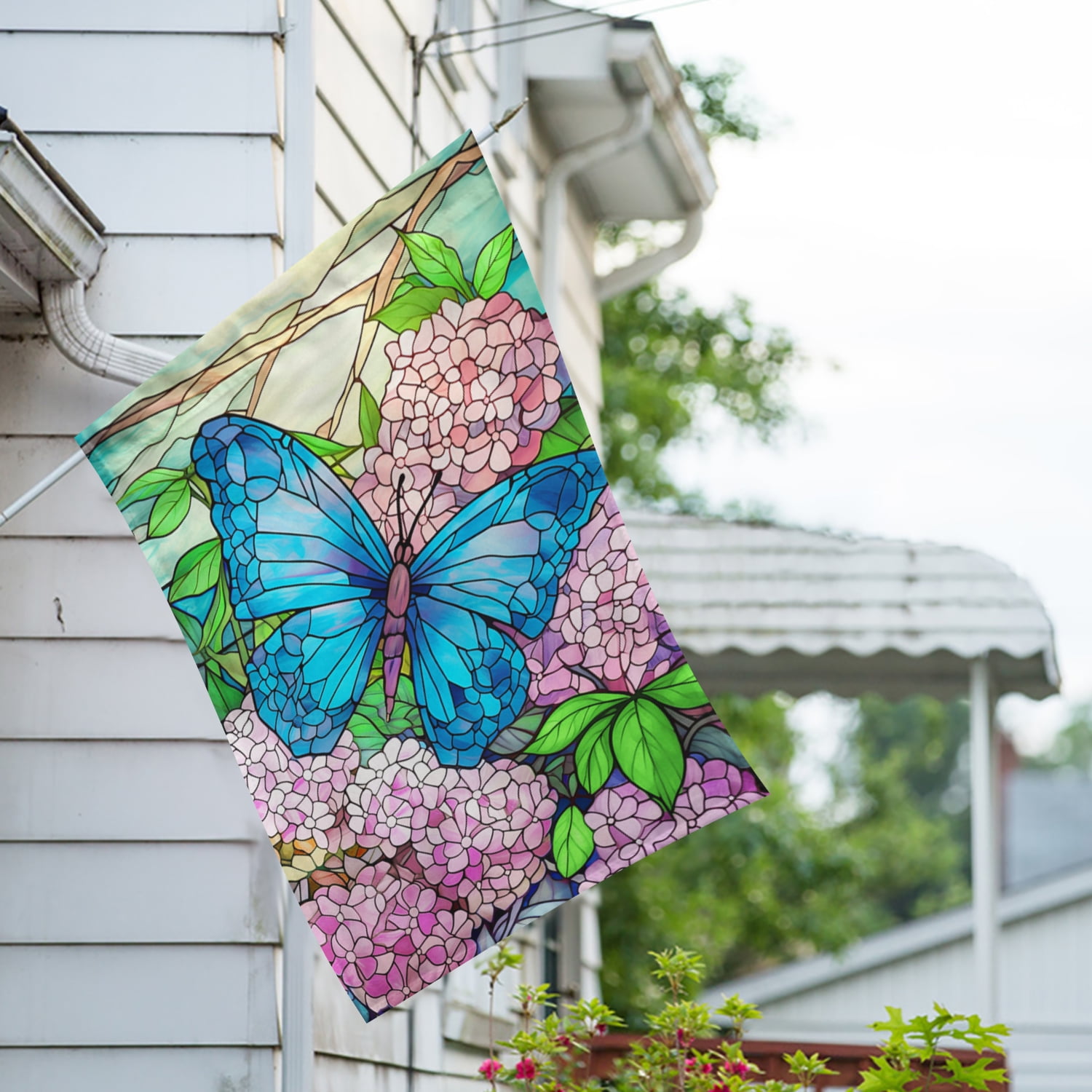 America Forever Butterfly And Lilac House Flag, 28 x 40 inch Double Sided, Stained Glass Blue Butterfly Lilac, Spring Flower Outdoor Decorative Flag