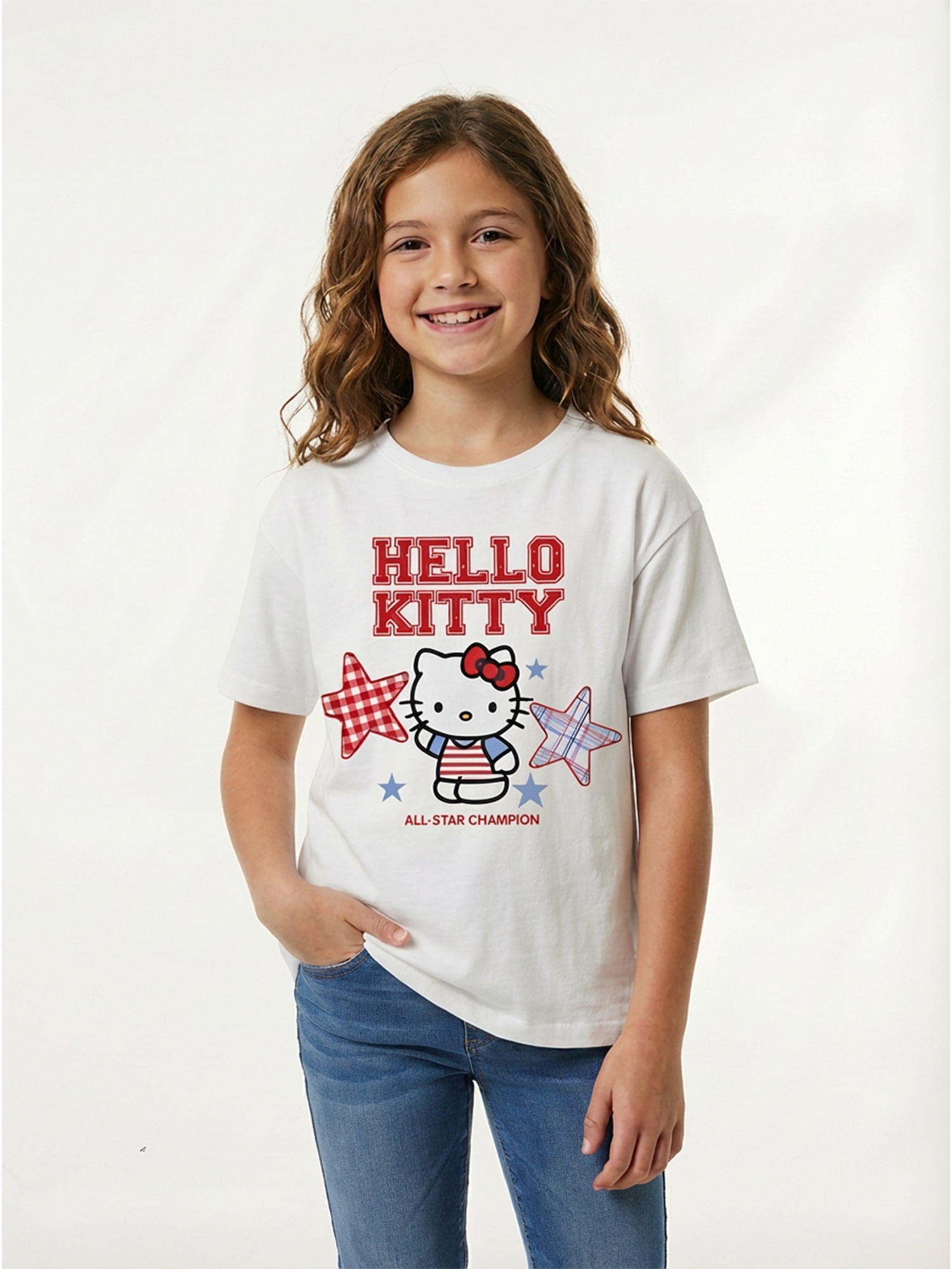 Sanrio Girls Hello Kitty Americana Patriotic Graphic Tee with Short Sleeves, Sizes 4-16