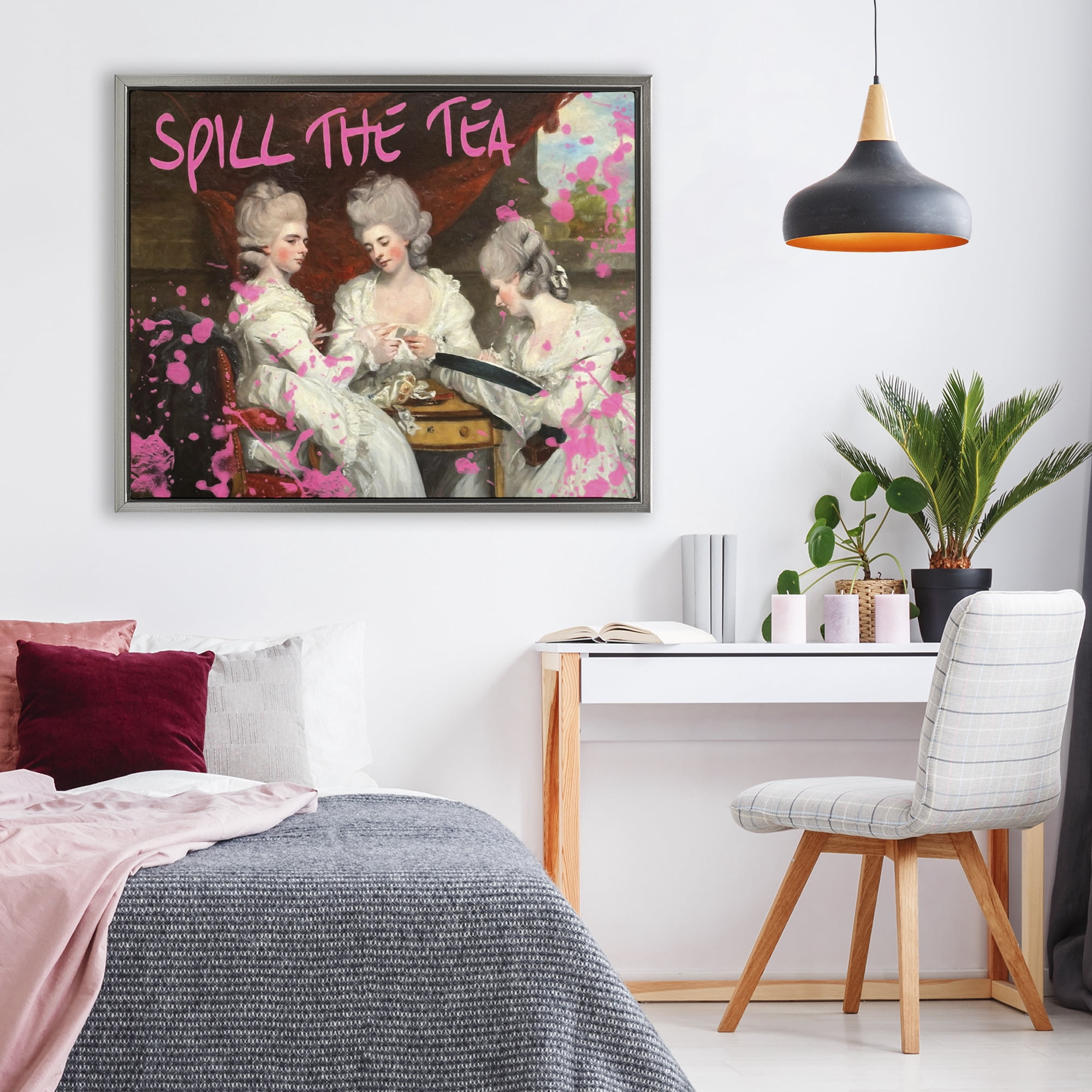 Stupell Industries Spill The Tea Iconic Ladies Gray Framed Floater Canvas Wall Art, design by Grotto Studios