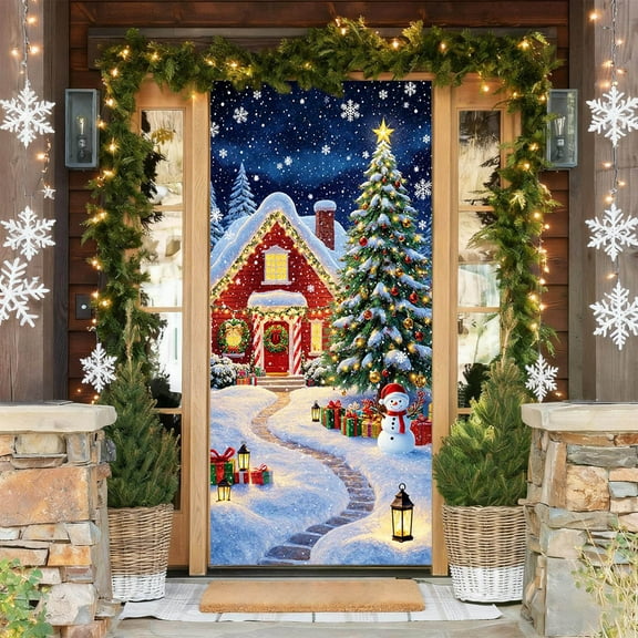 Christmas Door Cover 2025 Holiday Decor - 35.43in x 70.87in Snowy Village Scene with Christmas Tree,Snowman - Waterproof PVC for Front Door,Garage,Wall - Christmas Door Decorations