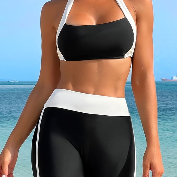 CNKOO ZAFUL Nouveau Bikini Classique Élégant Noir Aguichant à Col Suspendu Design à Blocs de Couleur Maillot de Bain Vacances à la Plage Pantalon de Plage Aguichant Maillot de Bain Mode Femme Bikini