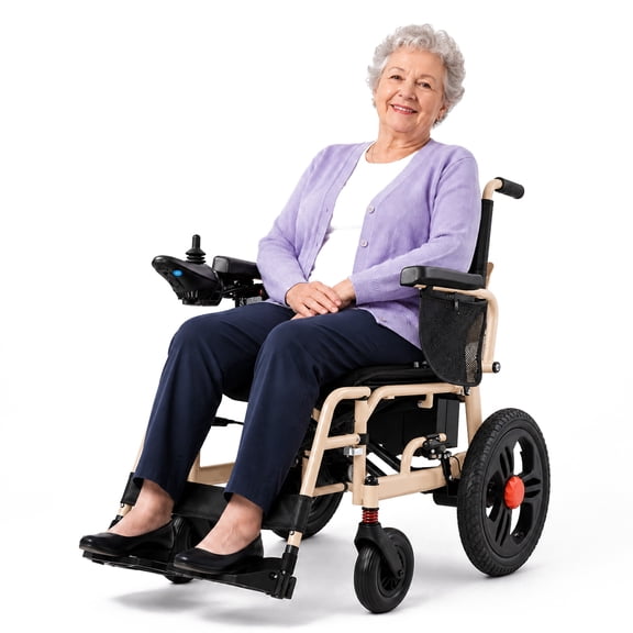 MediNex Foldable Electric Wheelchair for Adults, Lightweight Aluminum Power Chair, 16" Rear Wheels, Lithium Battery, 20-Mile Range, All Terrain,Beige