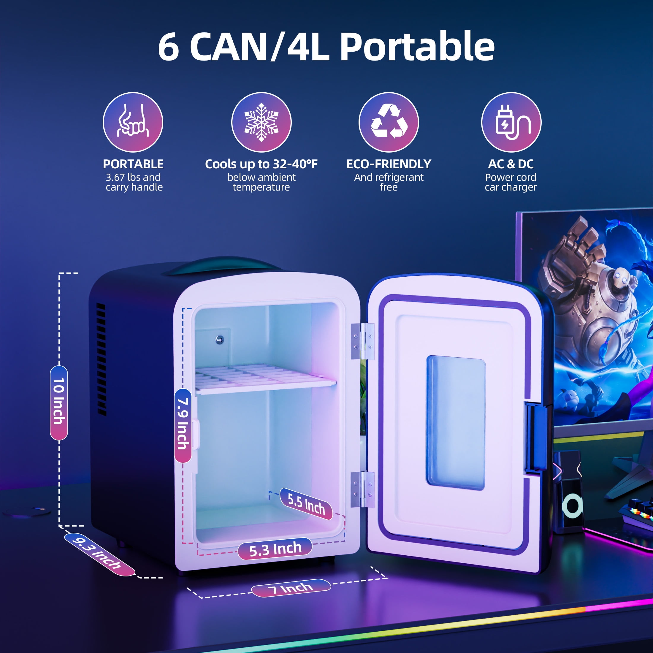 Auseo 4L Mini Fridge Personal with LED, Portable Cooler for Bedroom, Office, Car, Small Refrigerator for Skincare, Drinks & Gaming Room, AC/DC Powered, Black