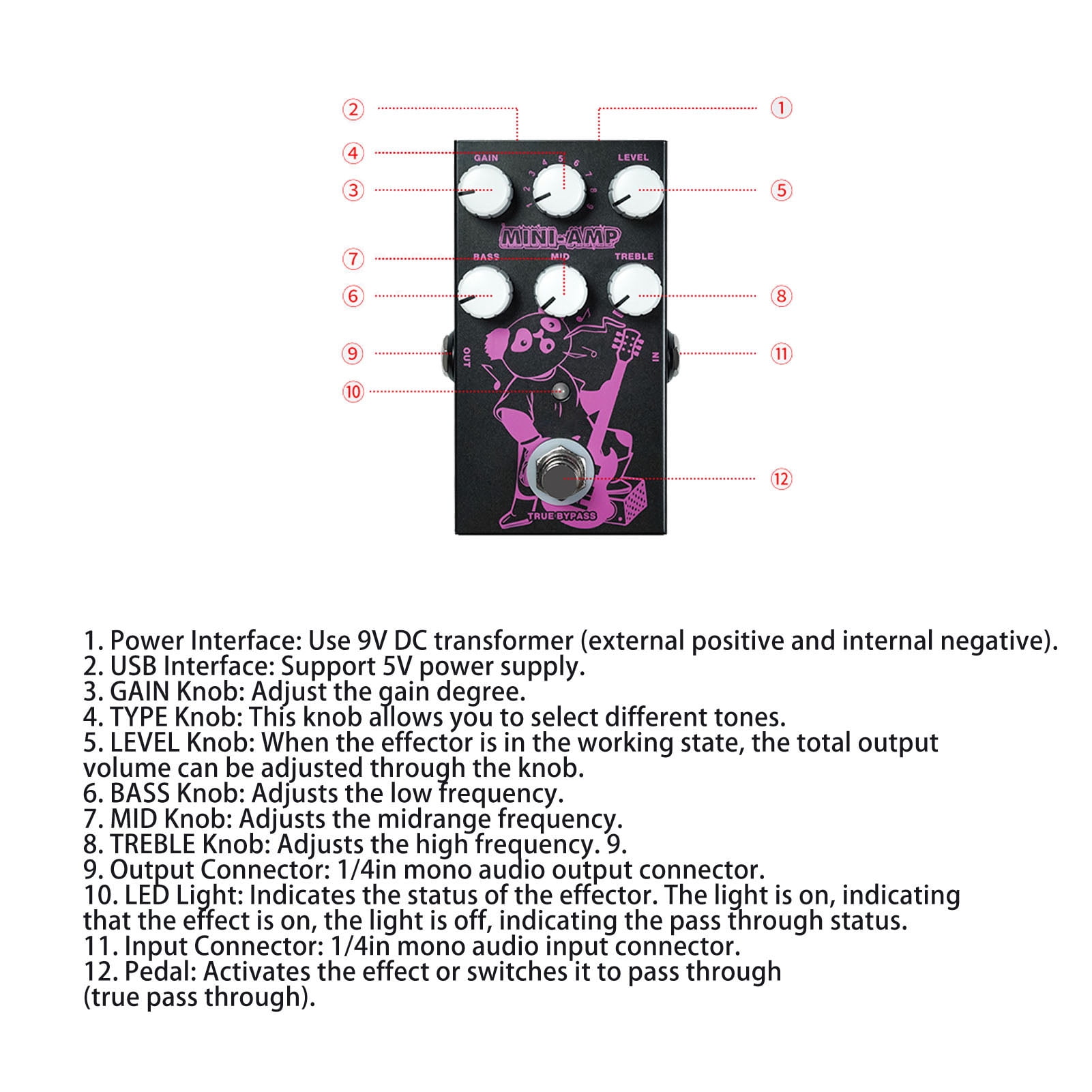 M Buder Electric Guitar Pedal 3 EQ Adjustable 9 Music Effects Multi Effects Guitar Effector for Performance 4.41 x 2.68 x 1.57 inches Metal Body 9V DC USB 5V Powered