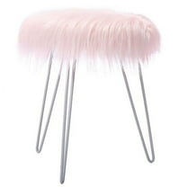 BirdRock Home Round Faux Fur Foot Stool Ottoman - Pink with White Legs - Soft Compact Padded Vanity Seat - Bedroom Kids Room Chair - Hair pin Metal Legs - Fluffy Makeup Seat