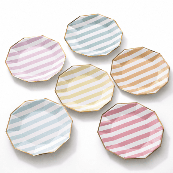 9-inch Disposable Decorative Paper Plates, 50-pack, Decagon Trim Pastel Striped Design