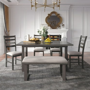 EUROCO 6-Pieces Family Furniture, Solid Wood Dining Room Set with Rectangular Table & 4 Chairs with Bench