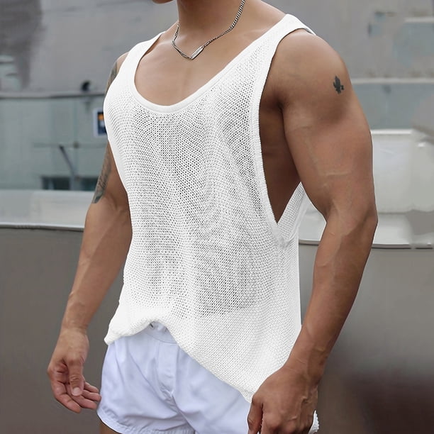 pstuiky Camisetas sin mangas para hombre, Camiseta sin mangas de punto con cuello redondo y mangas abullonadas de color liso informal para hombre Camisas para hombres xxl