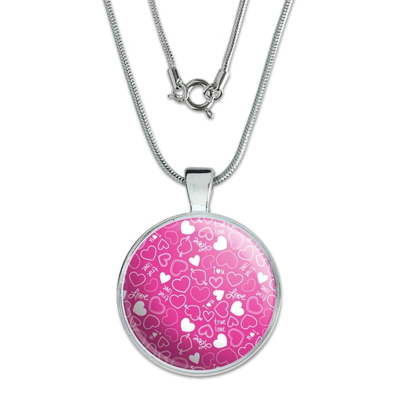 Cute Hearts Love Pattern on Pink 1" Pendant with Sterling Silver Plated Chain