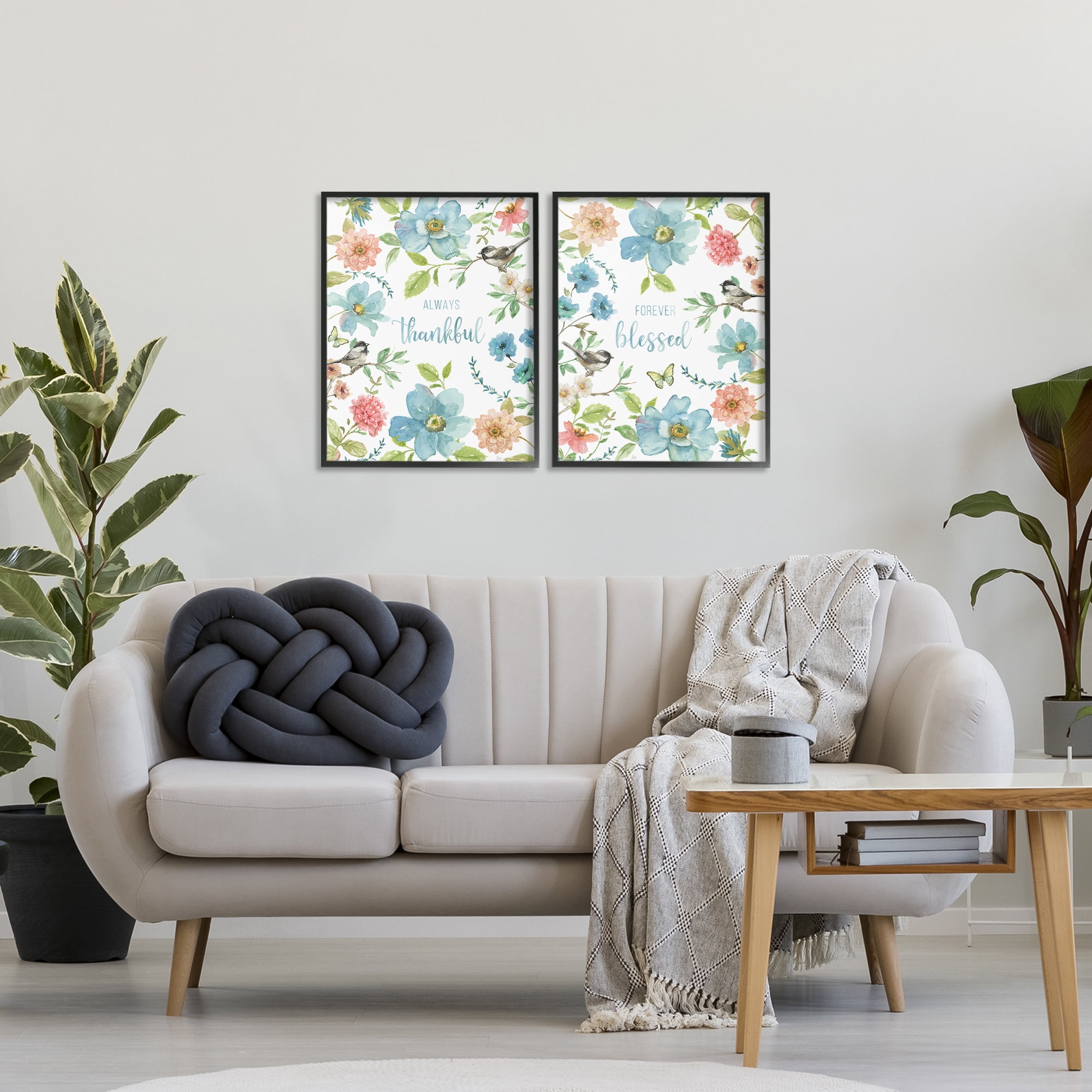 Stupell Industries Pink & Blue Gratitude Blooms 2 Piece Black Framed Giclee Art Set, design by Nan