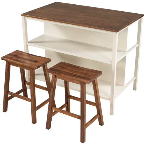 Charming Solid Rubber Wood Rustic 3 - Piece 45" Stationary Kitchen Island Set with 2 Seatings, Butcher Block Top, 2 Open Shelves - Walnut + Cream White