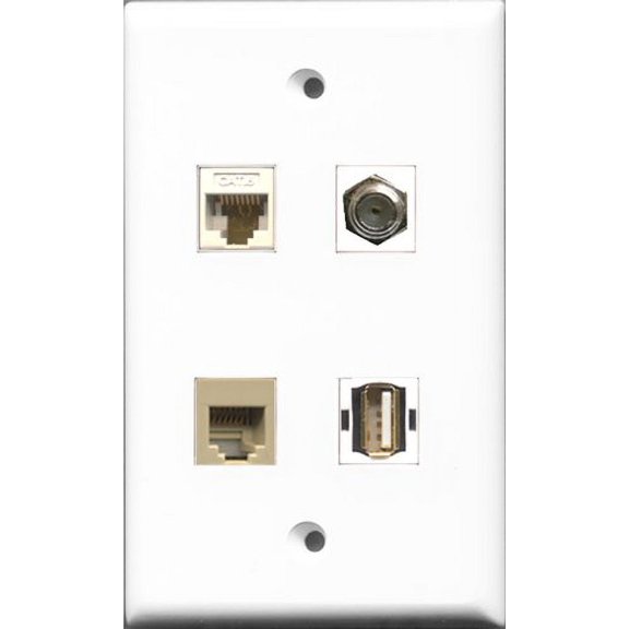RiteAV 1 Port Coax Cable TV- F-Type and 1 Port USB A-A and 1 Port Phone RJ11 RJ12 Beige and 1 Port Cat6 Ethernet White Wall Plate
