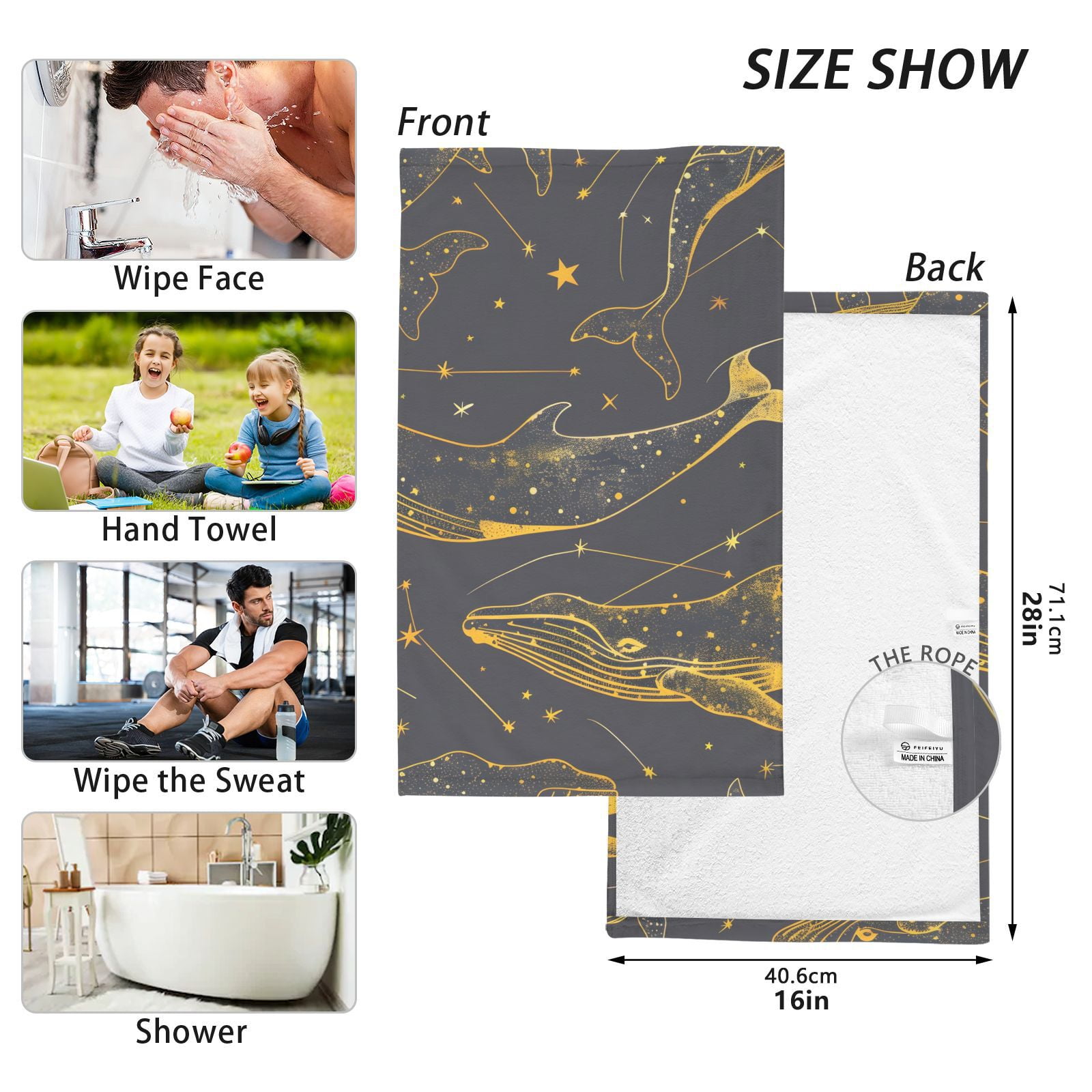 Gold Line Whale Hand Towels Cotton Bath Towels Large Face Towels Absorbent for Bathroom 2 Packs
