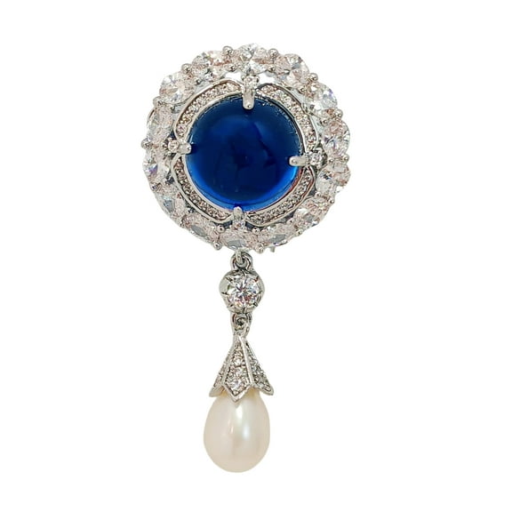 Delicate Blue Round Cabochon CZ Pearl Drop Brooch, Luxury Queen Jewelry