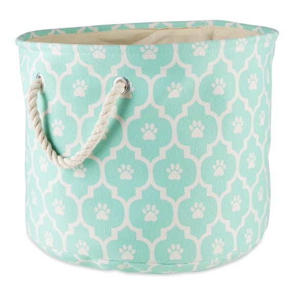 Contemporary Home Living 12" Aqua Green and White Decorative Round Small Lattice Paw Pet Storage Bin