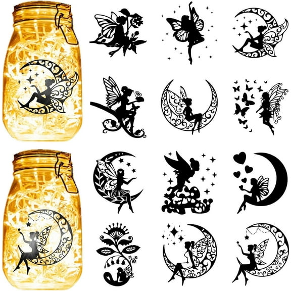 12Pcs Fairy Angel Silhouettes Mason Jar Decor Moon Laser Cut Cardboard Scrapbook Cutouts Die Cuts PVC for DIY Crafting Lantern Jars Wall Painting Window Glass 3.9x3.5Inch-No Sticker black
