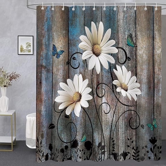 Rustic Floral Shower Curtain, Farmhouse Butterfly Daisy Vintage Cottagecore Bathroom Curtains Decor Set, Teal Grey Waterproof Polyester Fabric Bath Curtain With Hooks 54"W x 72"L