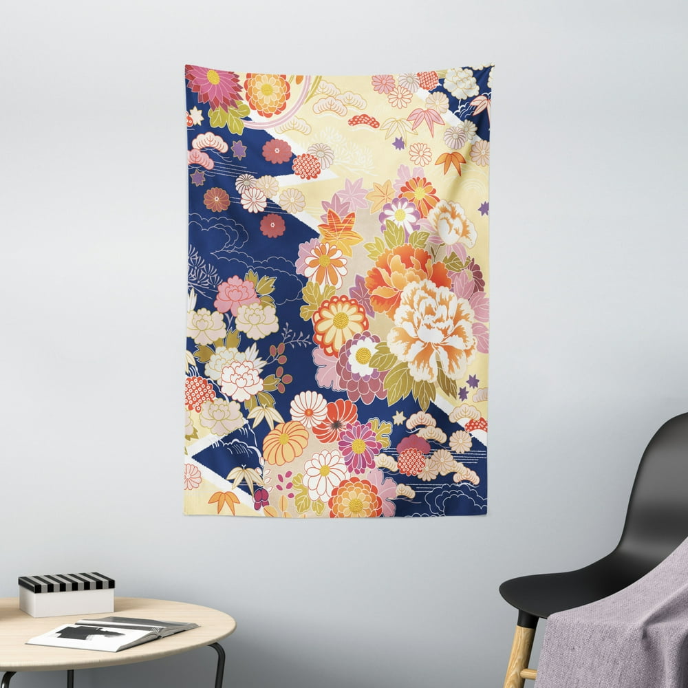 Japanese Tapestry, Traditional Kimono Motifs Composition Asian Ethnic Floral Patterns Vintage