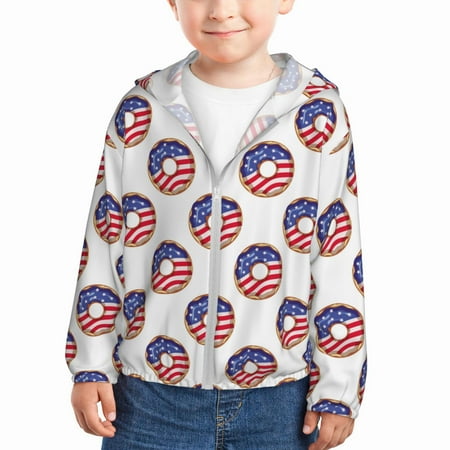 

Sun Hoodie for Kids USA Flag Print Donuts Long Sleeve Swim Fishing Shirts Sun Protection Zip Up Jacket Clothing Athletic Hoodie